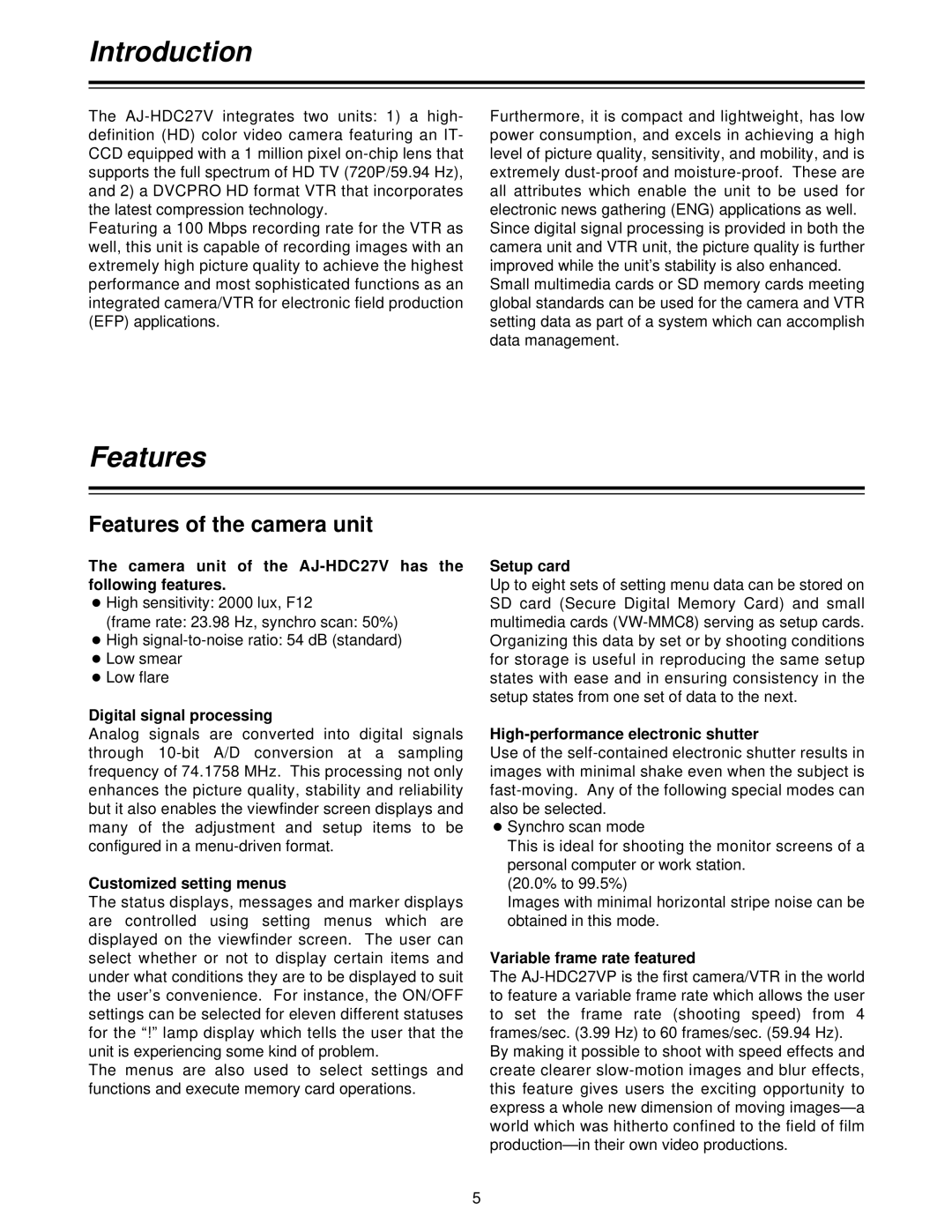 Panasonic AJ- P, AJ-HDC27V operating instructions Introduction, Features of the camera unit 