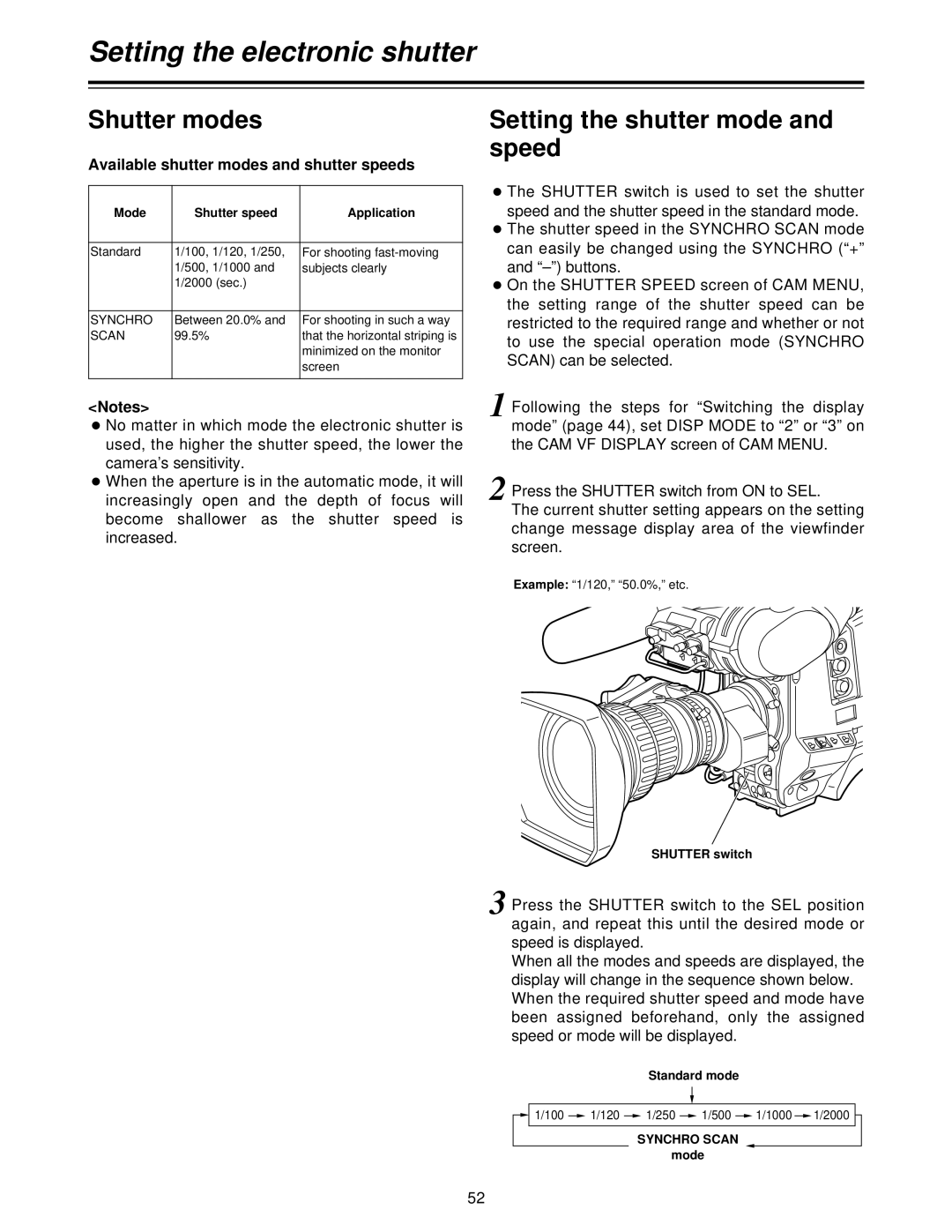 Panasonic AJ-HDC27V, AJ- P Setting the electronic shutter, Shutter modes, Setting the shutter mode and speed 