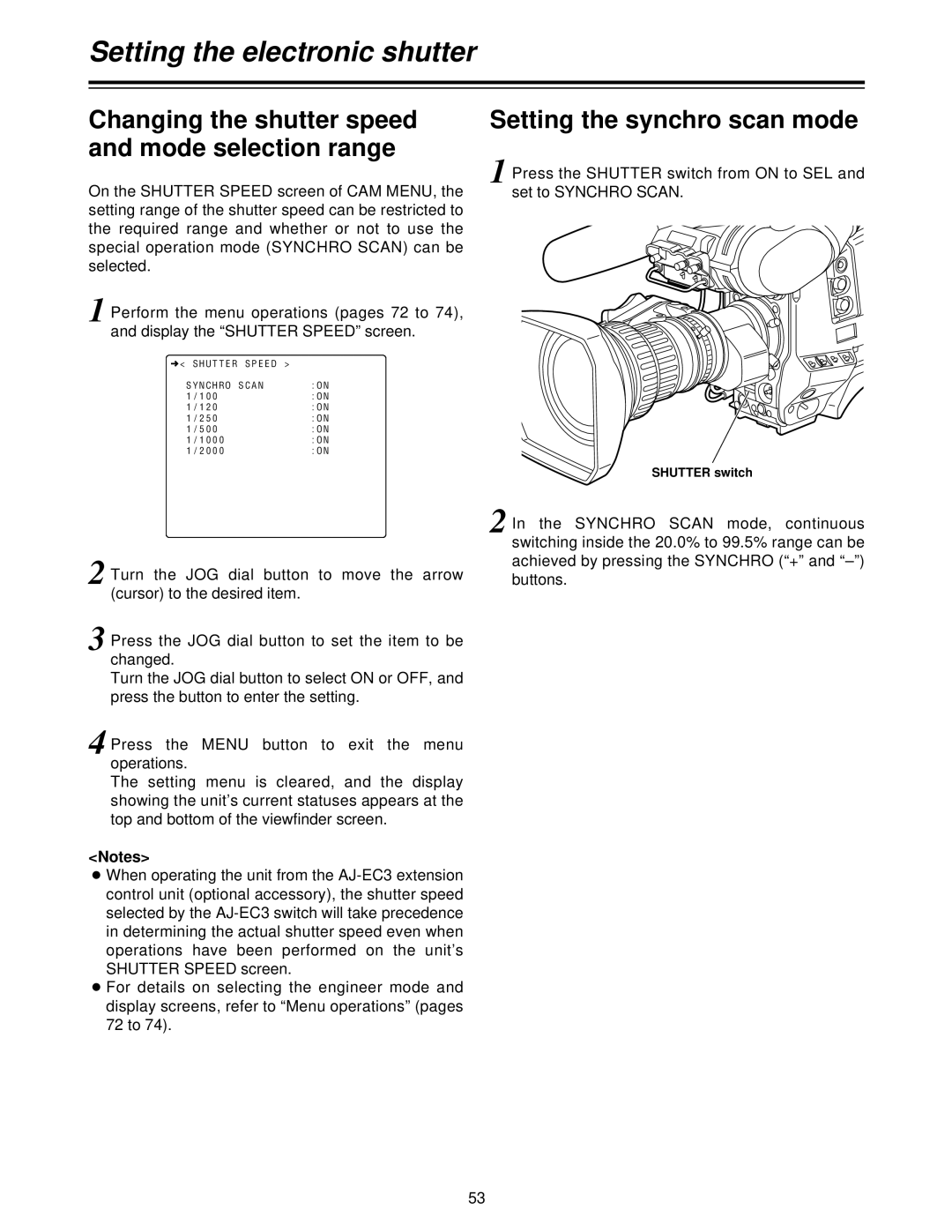 Panasonic AJ- P, AJ-HDC27V operating instructions Setting the synchro scan mode, On the Shutter Speed screen of CAM MENU 