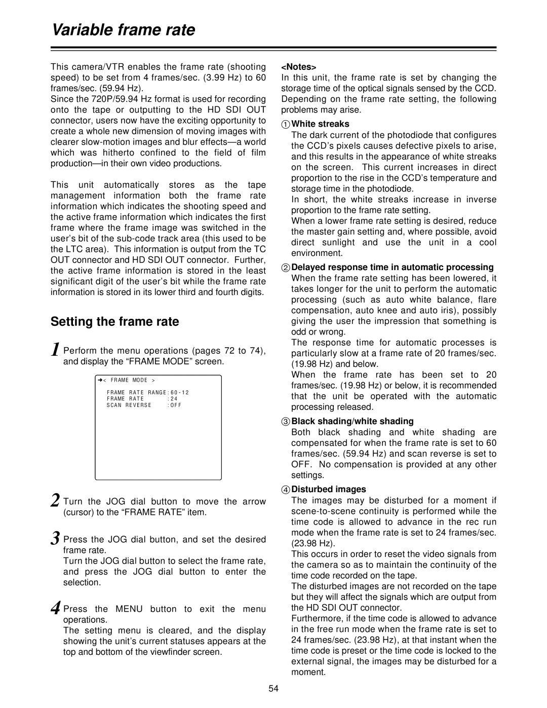 Panasonic AJ-HDC27V, AJ- P operating instructions Variable frame rate, Setting the frame rate 