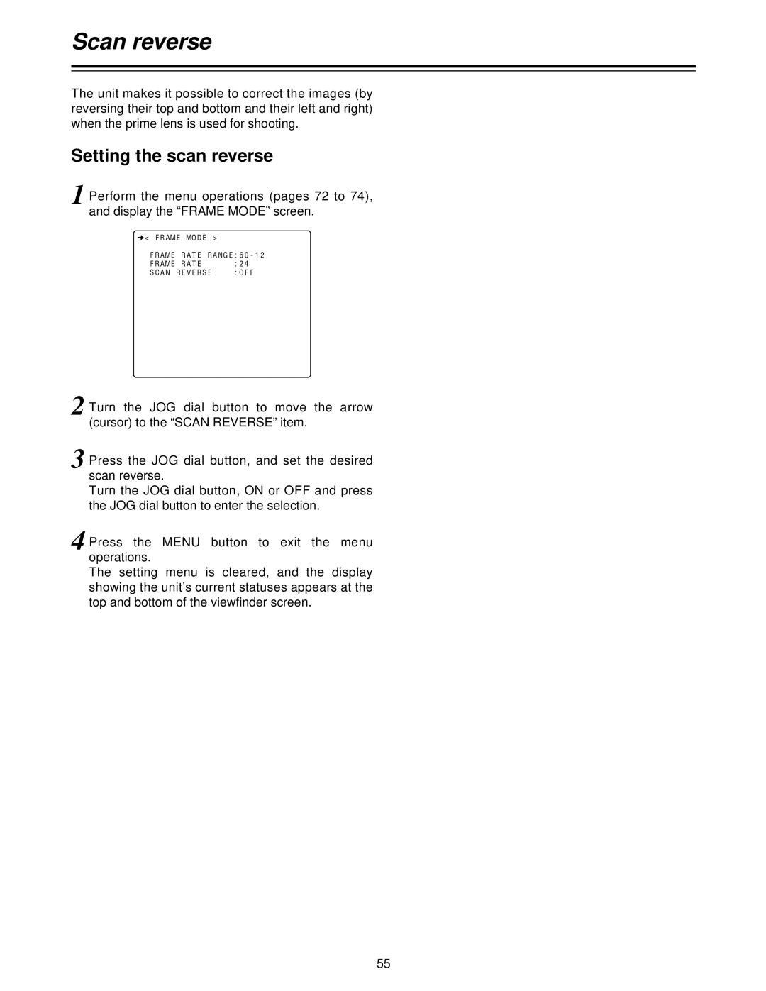 Panasonic AJ- P Scan reverse, Setting the scan reverse, Press the JOG dial button, and set the desired scan reverse 