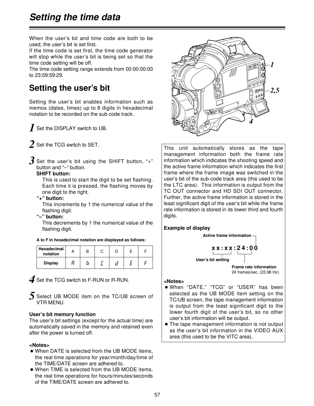 Panasonic AJ- P, AJ-HDC27V operating instructions Setting the time data, Setting the user’s bit, X x 2 4 0 