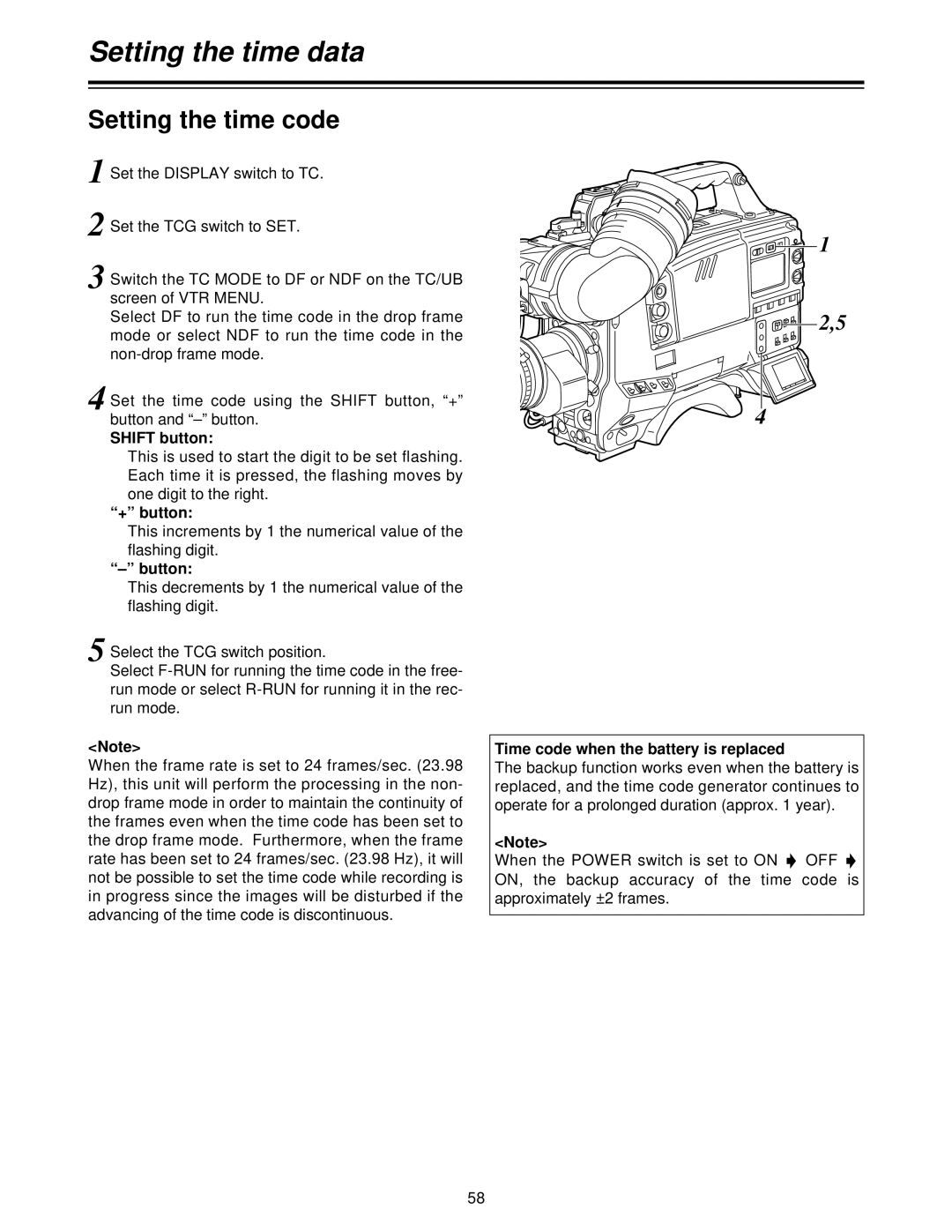 Panasonic AJ-HDC27V, AJ- P operating instructions Setting the time code, Time code when the battery is replaced 