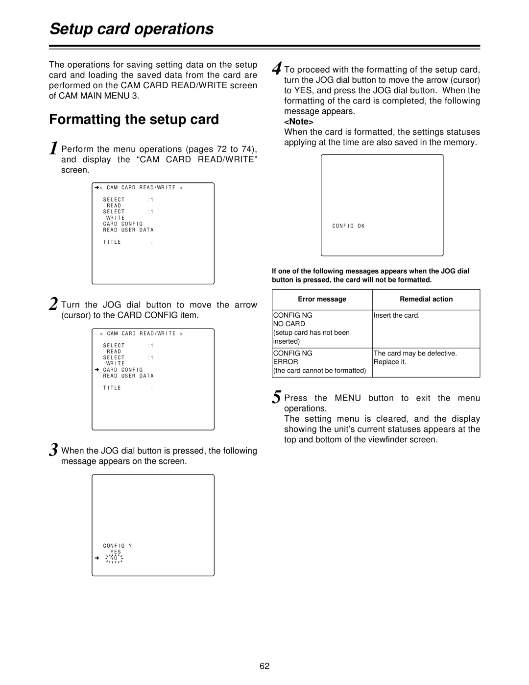 Panasonic AJ-HDC27V, AJ- P Formatting the setup card, CAM Main Menu, To exit the menu, Error message Remedial action 