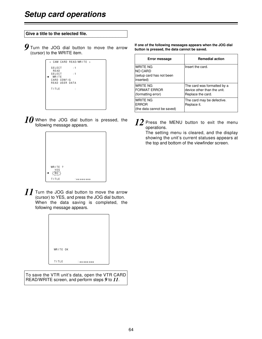 Panasonic AJ-HDC27V, AJ- P When the data saving is, READ/WRITE screen, and perform steps, Format Error 