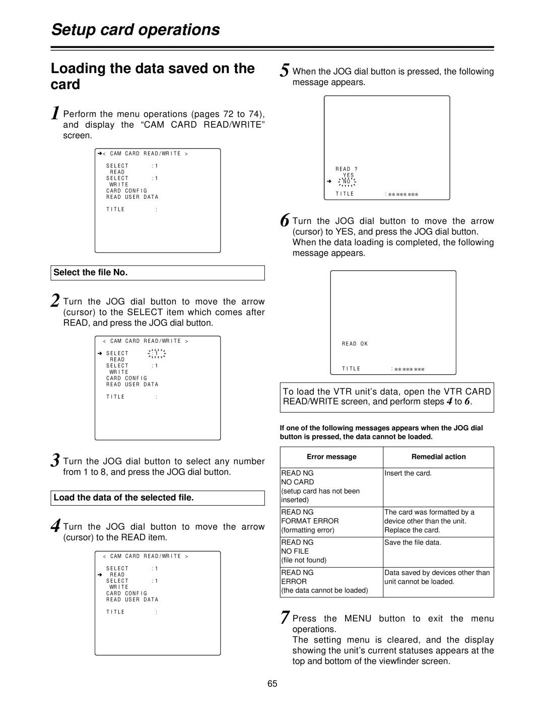 Panasonic AJ- P, AJ-HDC27V Loading the data saved on the card, Load the data of the selected file, Read NG, No File 