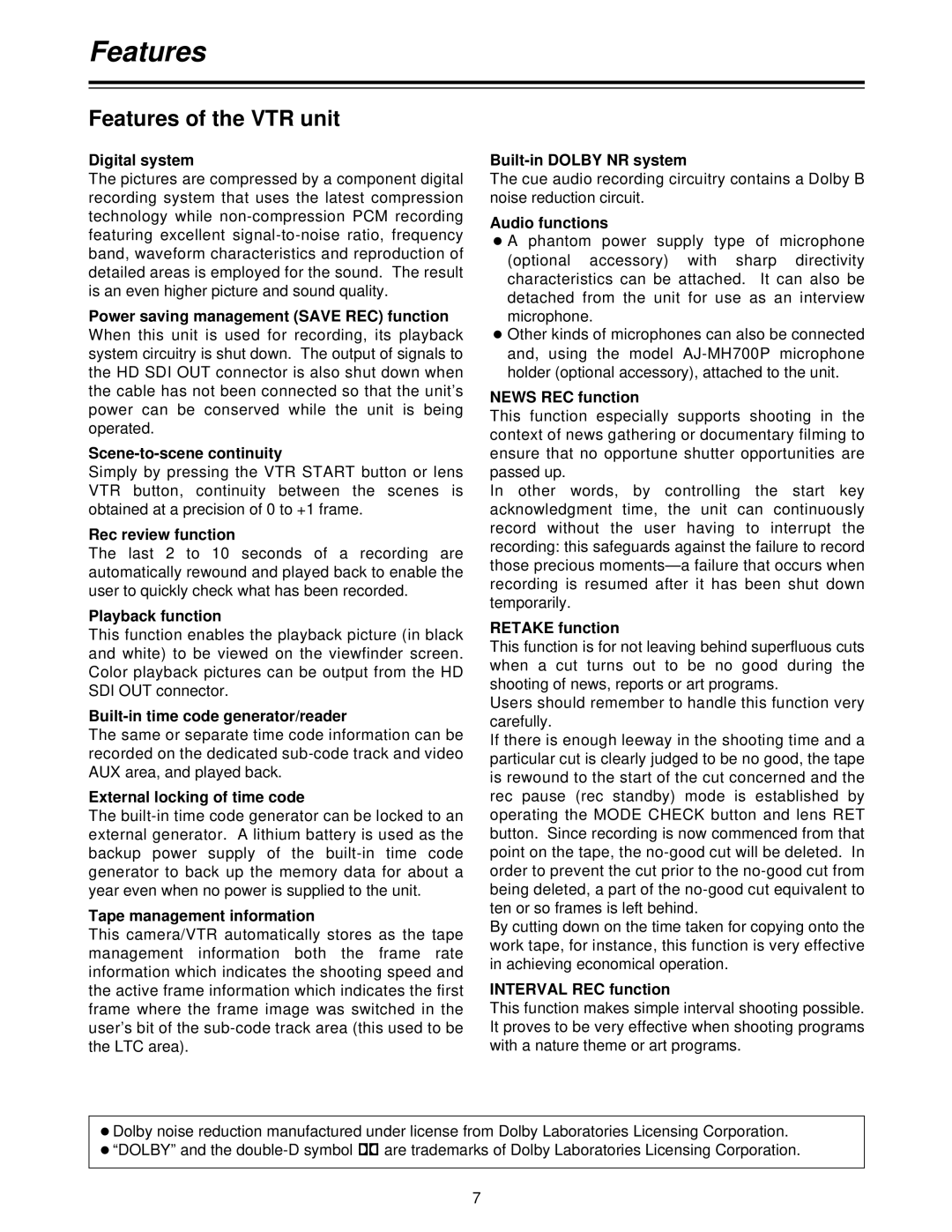 Panasonic AJ- P, AJ-HDC27V operating instructions Features of the VTR unit 