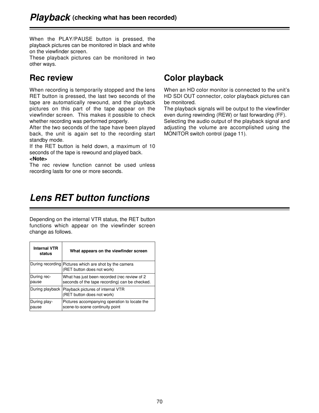 Panasonic AJ-HDC27V Playback, Lens RET button functions, Rec review, Color playback, Checking what has been recorded 