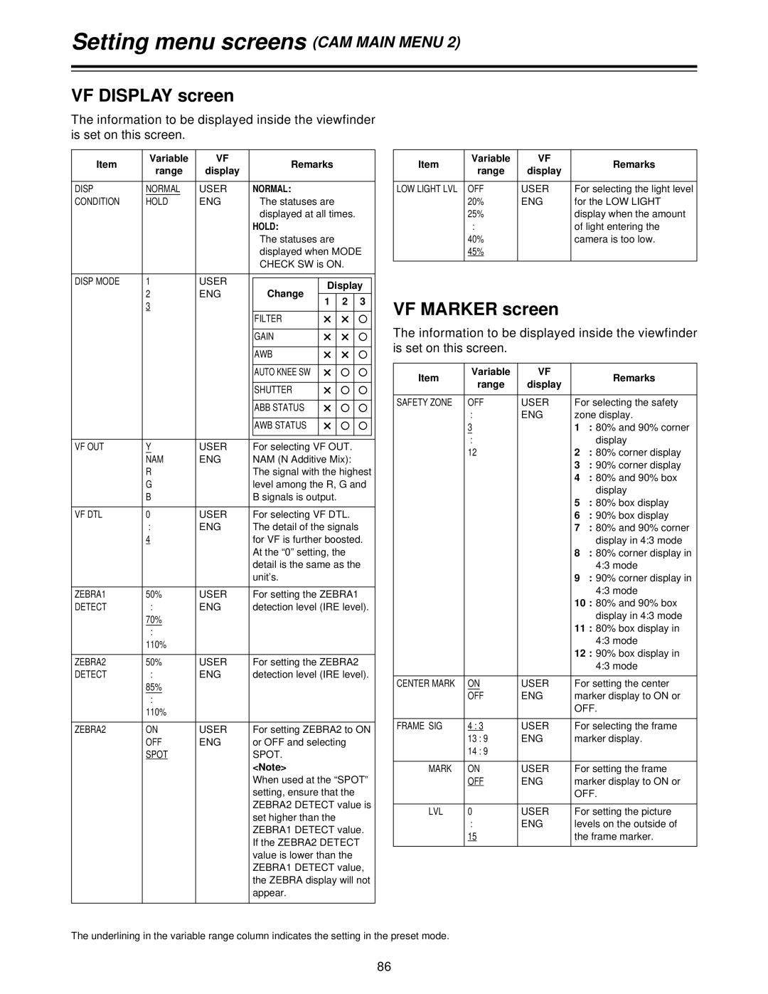 Panasonic AJ-HDC27V, AJ- P operating instructions VF Display screen, VF Marker screen, Variable Remarks Range 