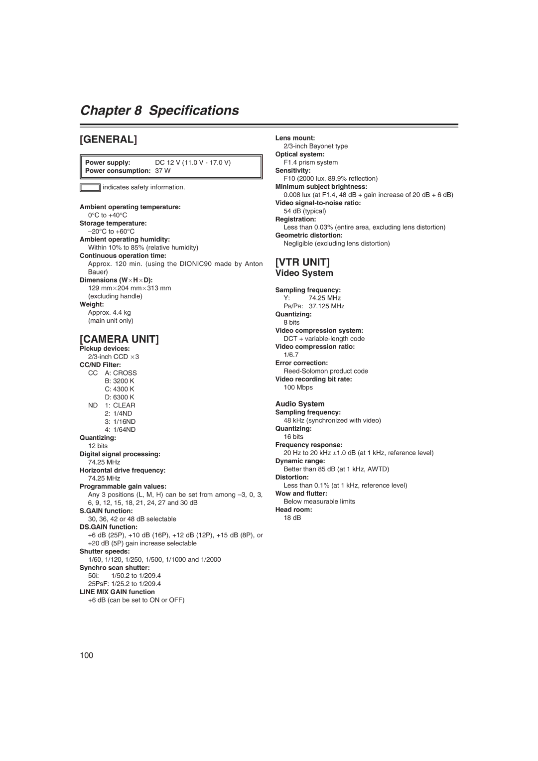 Panasonic AJ-HDX400E operating instructions Video System, Audio System 