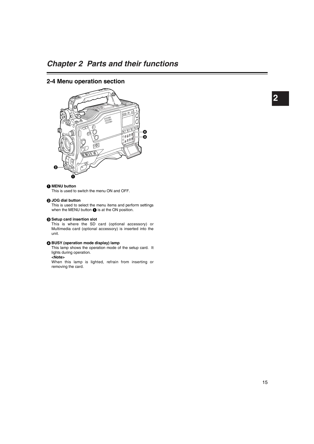 Panasonic AJ-HDX400E operating instructions Menu operation section, Menu button, JOG dial button, Setup card insertion slot 