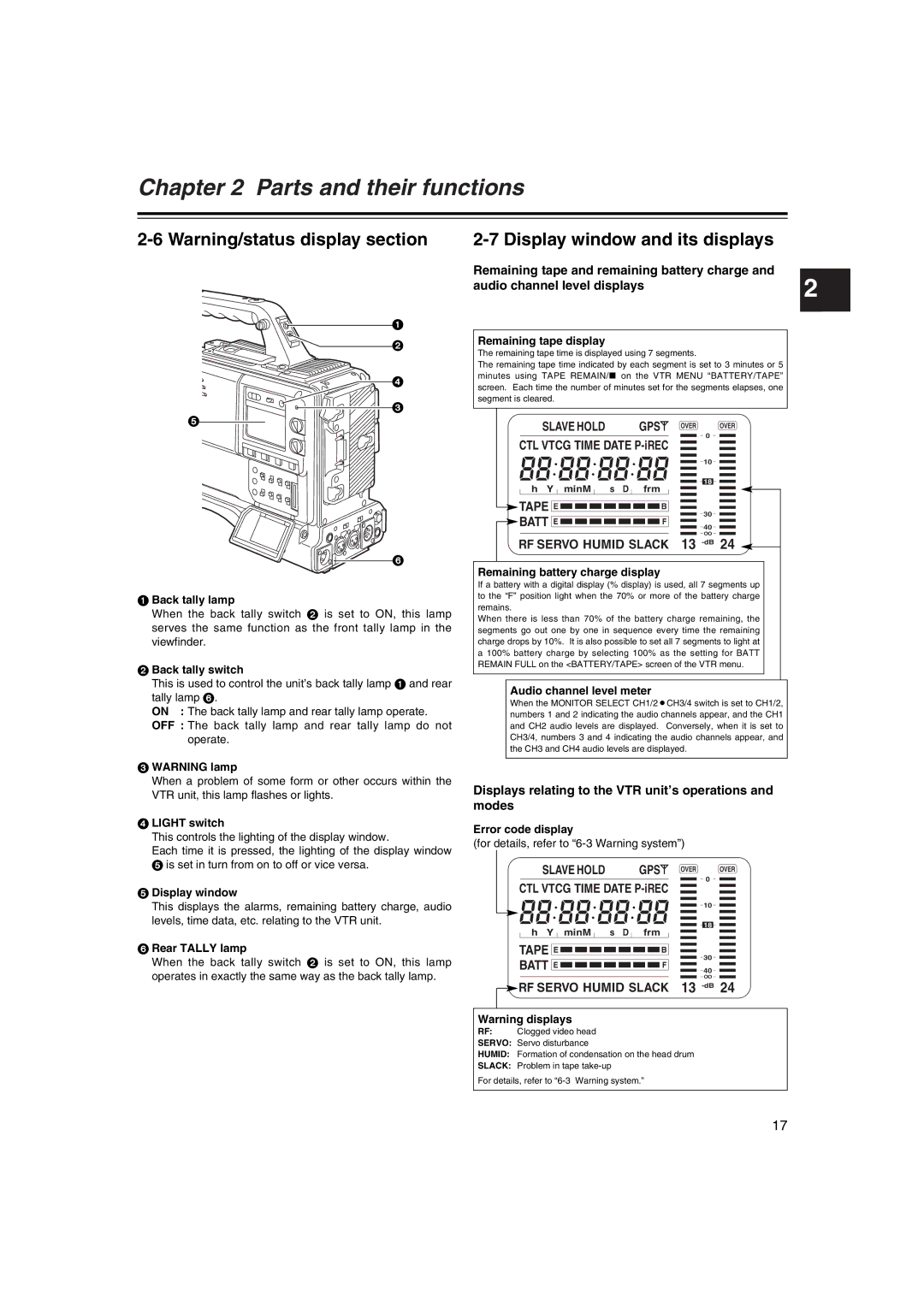 Panasonic AJ-HDX400E Remaining tape and remaining battery charge, Displays relating to the VTR unit’s operations and modes 