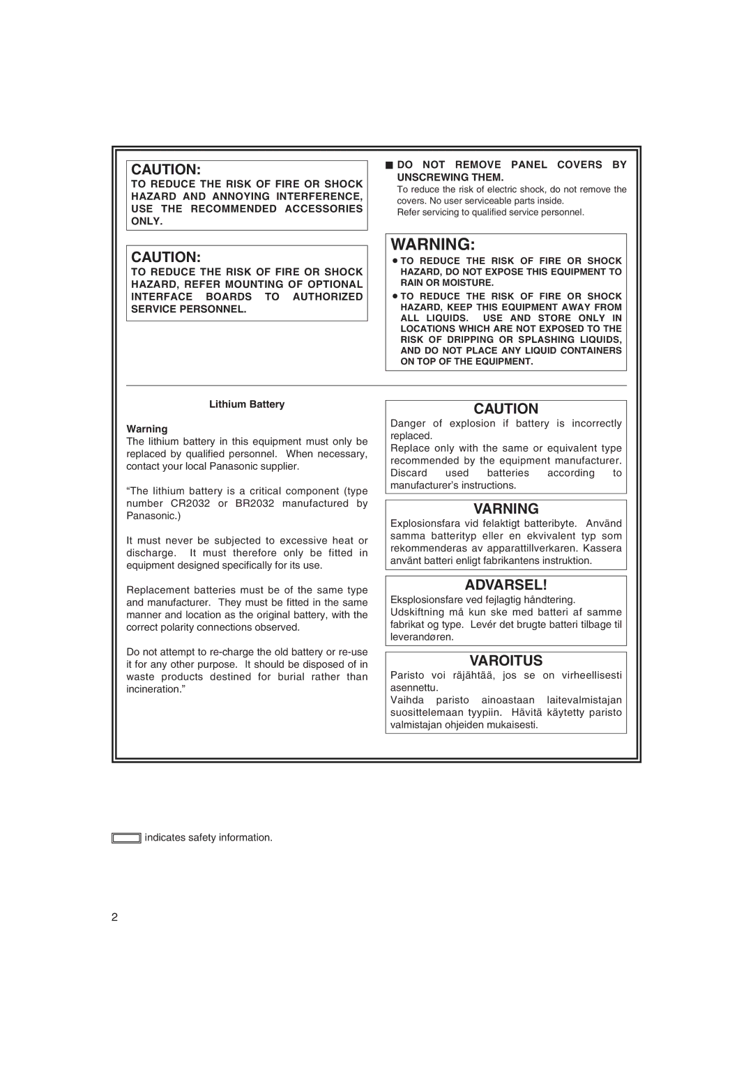 Panasonic AJ-HDX400E operating instructions Varning, Lithium Battery 