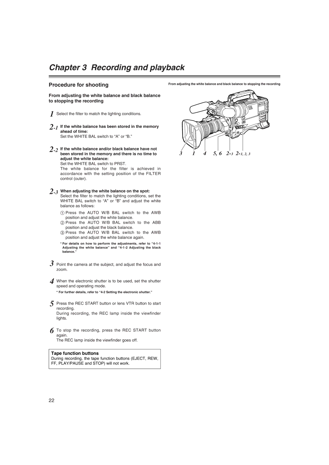 Panasonic AJ-HDX400E operating instructions Procedure for shooting, Tape function buttons, Adjust the white balance 