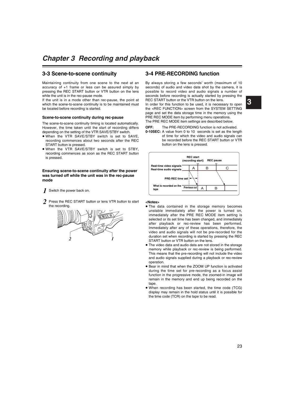 Panasonic AJ-HDX400E operating instructions PRE-RECORDING function, Scene-to-scene continuity during rec-pause 