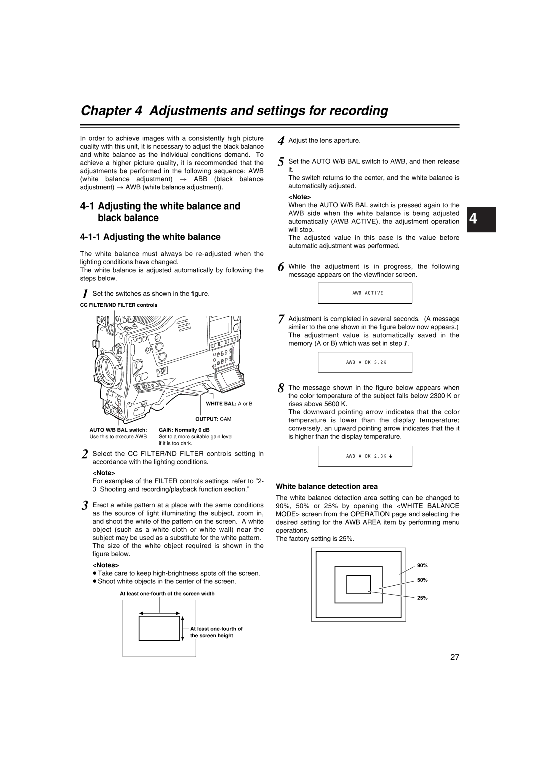 Panasonic AJ-HDX400E Adjusting the white balance and black balance, White balance detection area, Output CAM 