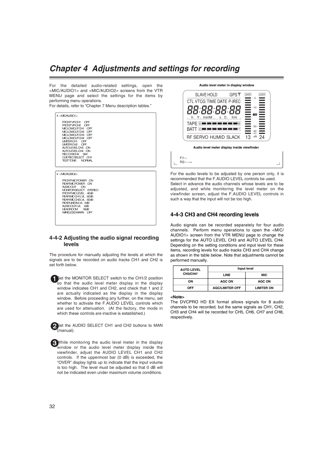 Panasonic AJ-HDX400E Adjusting the audio signal recording levels, 3 CH3 and CH4 recording levels, Auto Level, Mic 