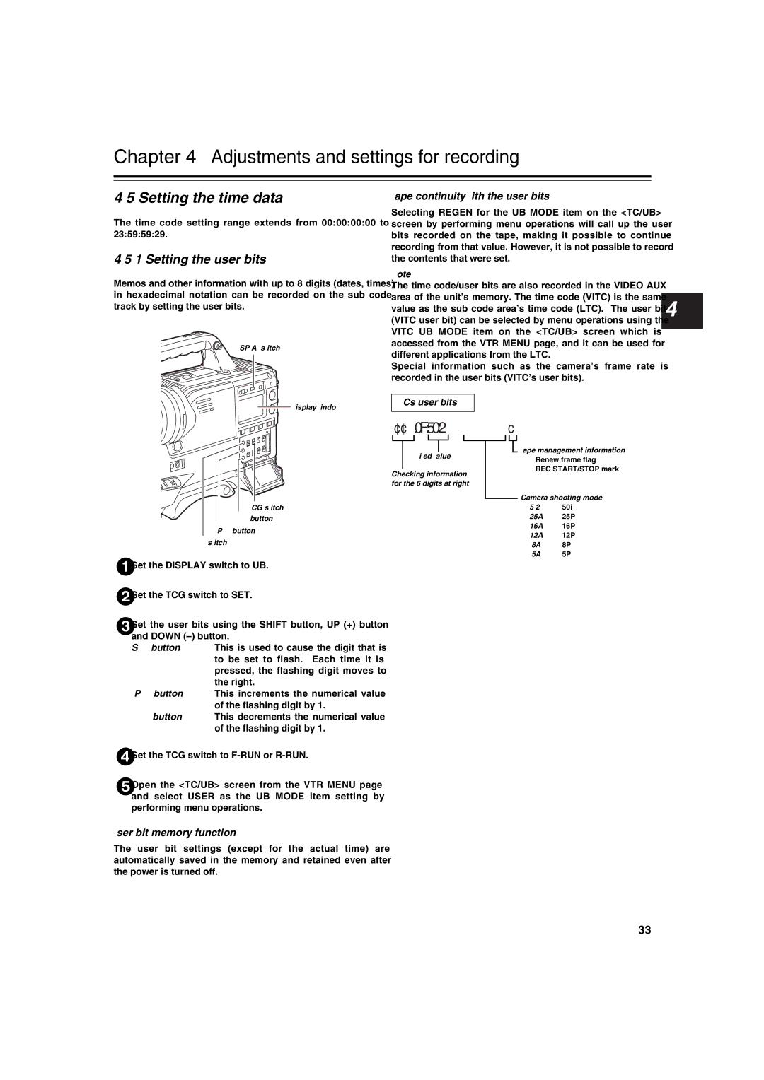 Panasonic AJ-HDX400E Setting the time data, Setting the user bits, User bit memory function, VITC’s user bits 