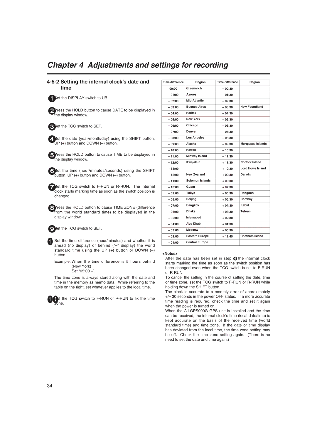 Panasonic AJ-HDX400E operating instructions Setting the internal clock’s date and time, Region 