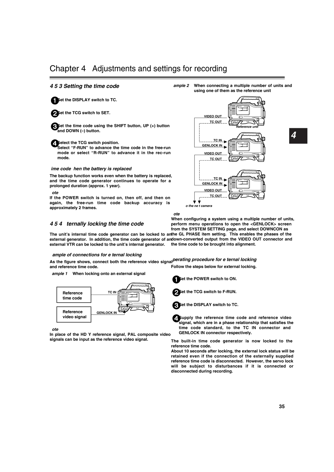 Panasonic AJ-HDX400E Setting the time code, Externally locking the time code, Time code when the battery is replaced 