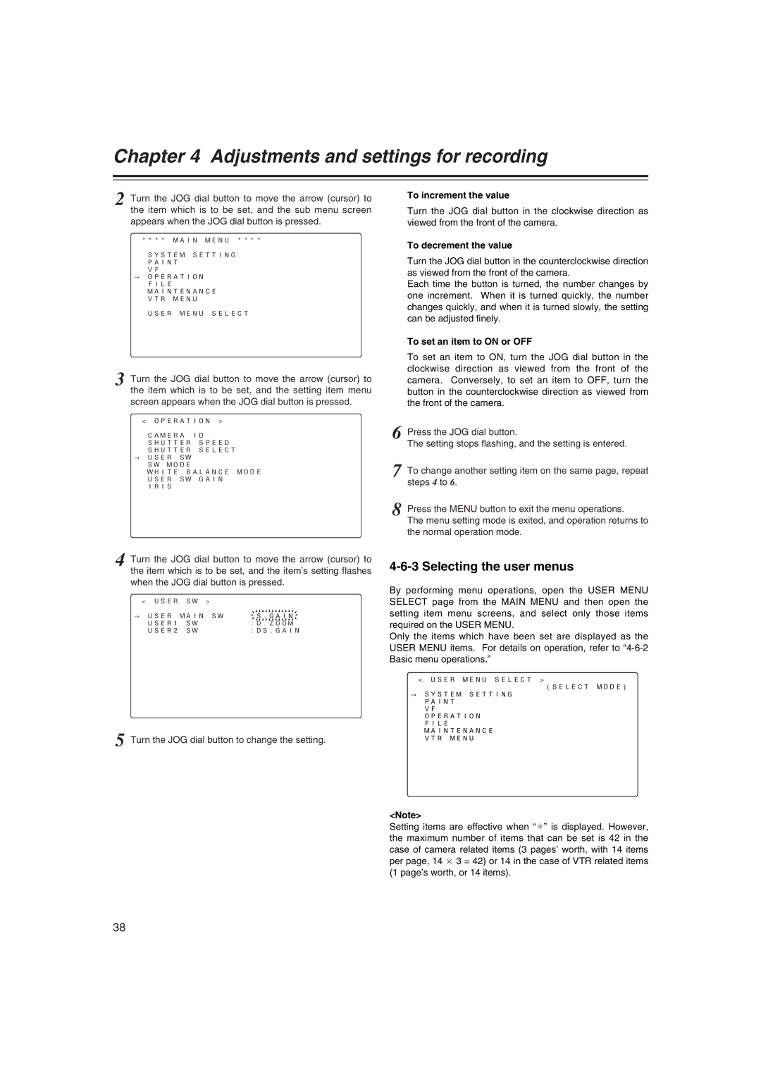 Panasonic AJ-HDX400E Selecting the user menus, To increment the value, To decrement the value, To set an item to on or OFF 