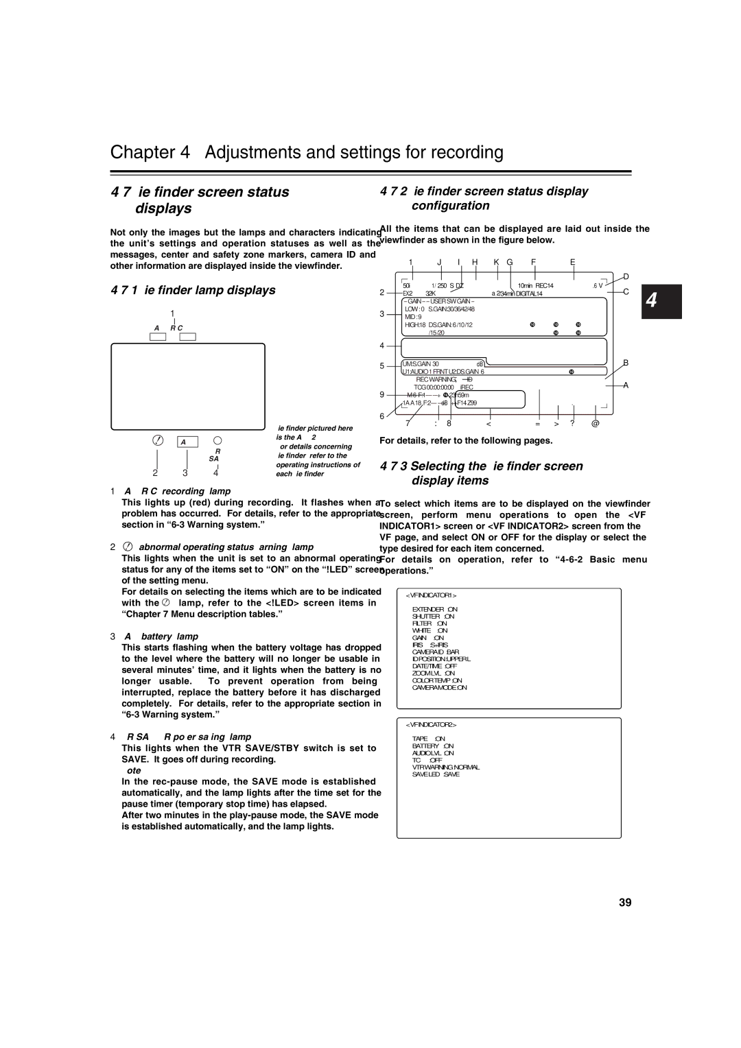 Panasonic AJ-HDX400E operating instructions Viewfinder screen status displays, Viewfinder lamp displays 