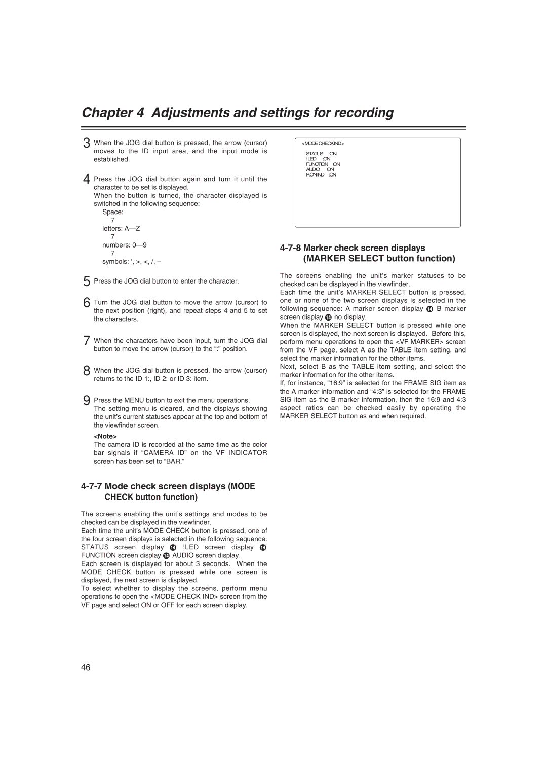 Panasonic AJ-HDX400E operating instructions Mode check screen displays Mode Check button function 