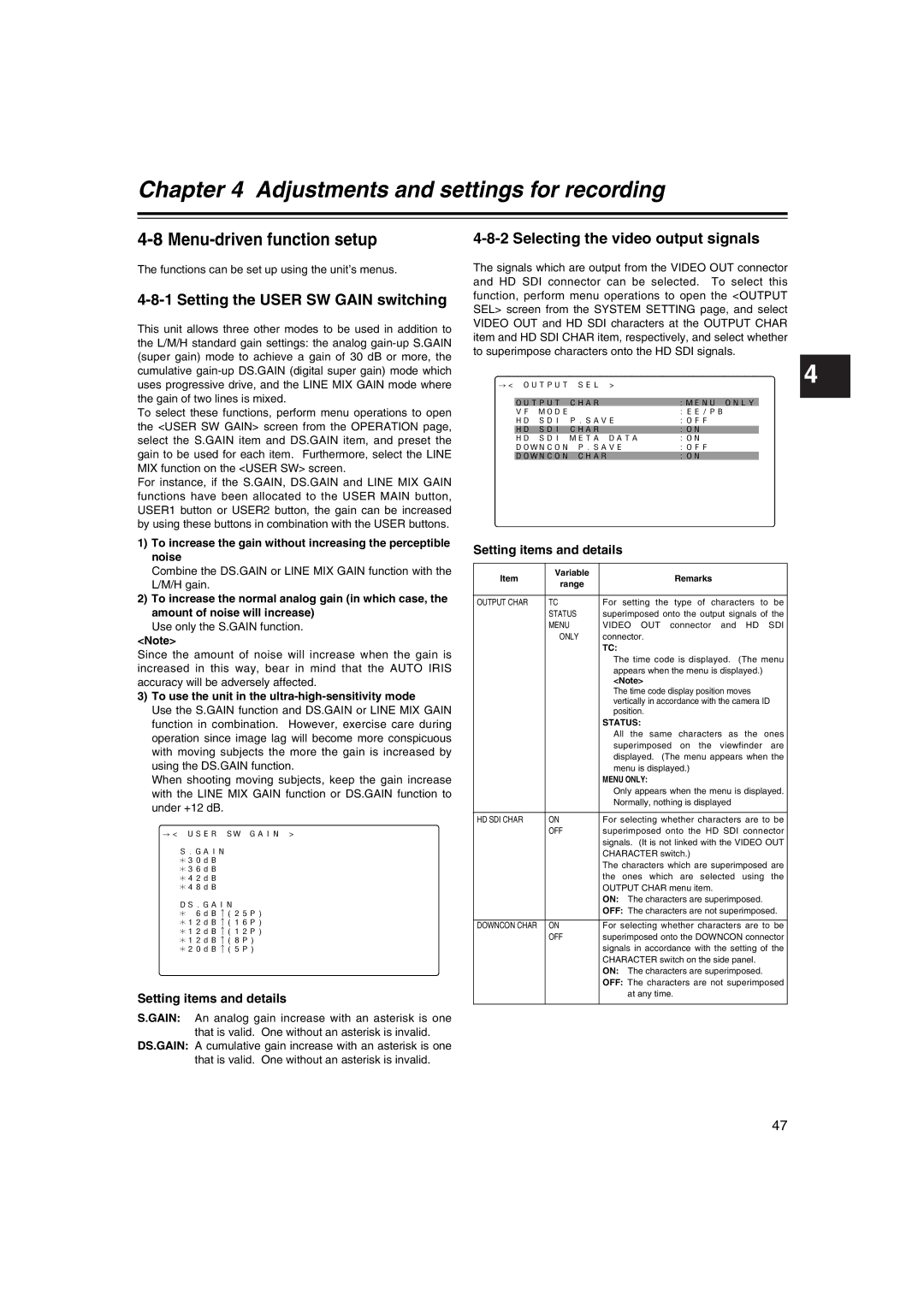 Panasonic AJ-HDX400E Menu-driven function setup, Setting the User SW Gain switching, Selecting the video output signals 