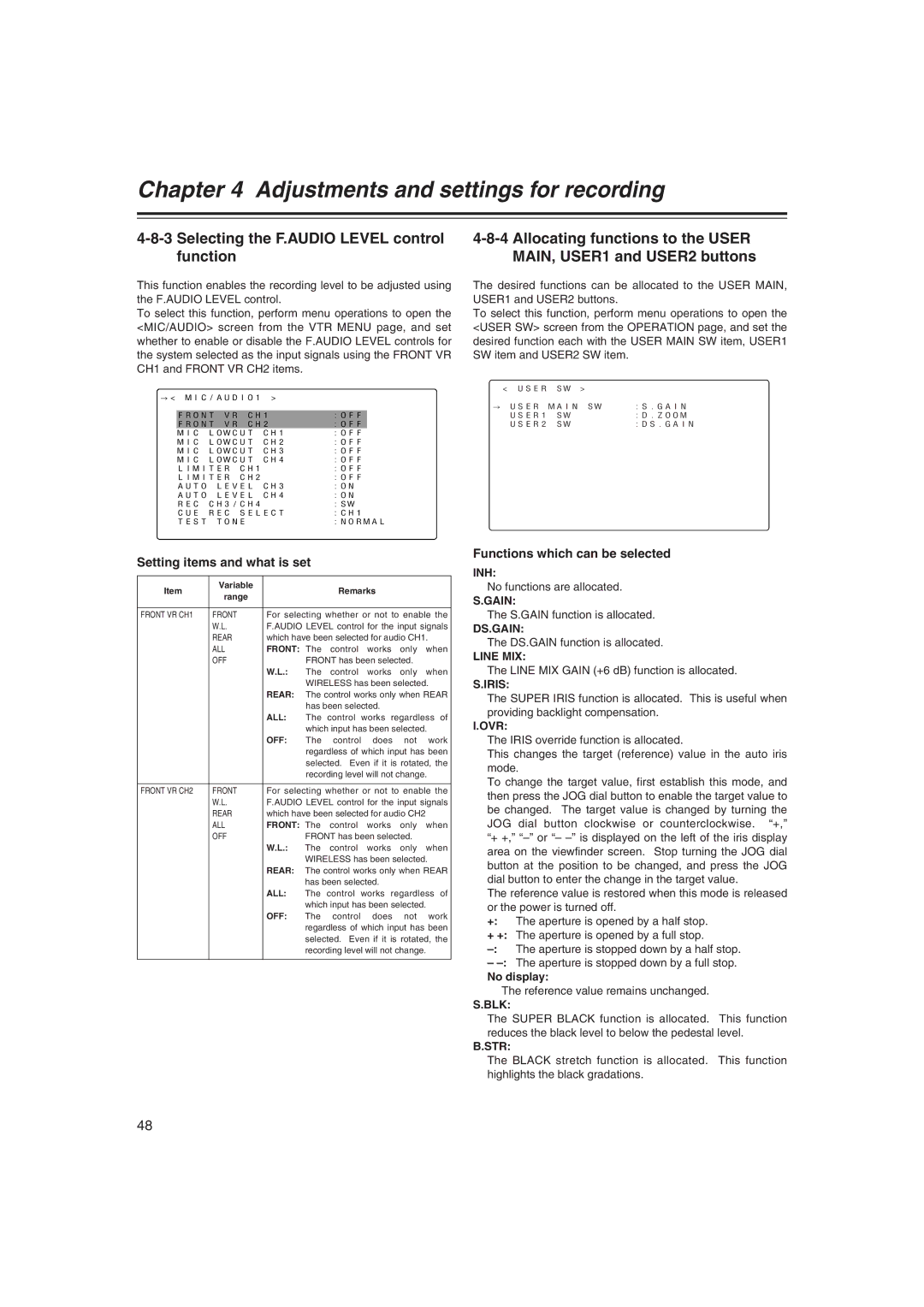 Panasonic AJ-HDX400E operating instructions Selecting the F.AUDIO Level control function, Setting items and what is set 