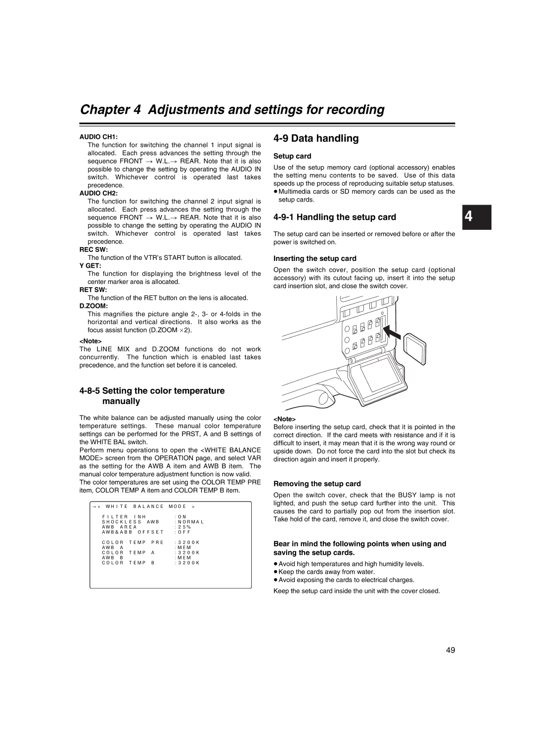 Panasonic AJ-HDX400E operating instructions Data handling, Setting the color temperature manually, Handling the setup card 