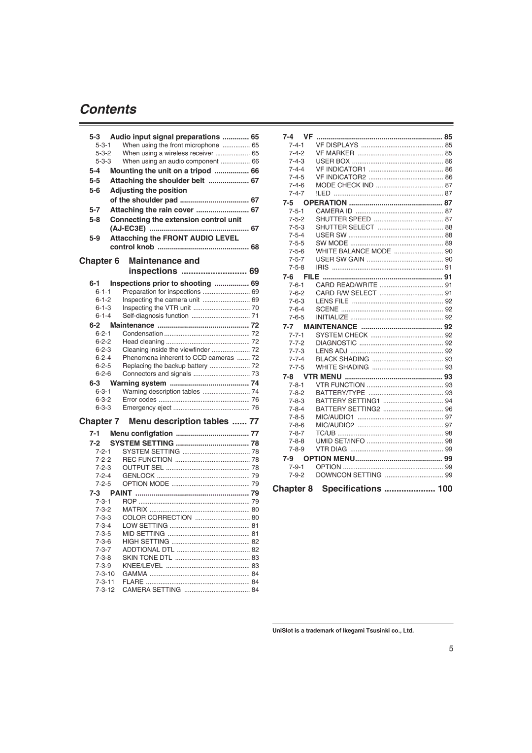 Panasonic AJ-HDX400E Chapter Maintenance Inspections, Menu description tables, Chapter Specifications 