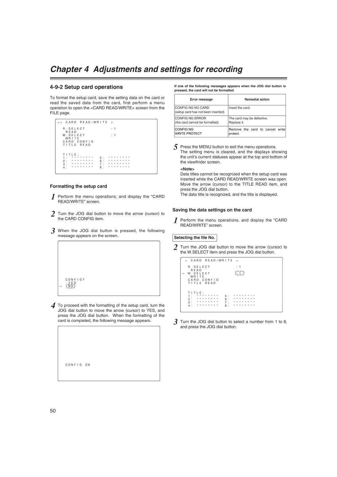 Panasonic AJ-HDX400E Setup card operations, Formatting the setup card, Saving the data settings on the card 