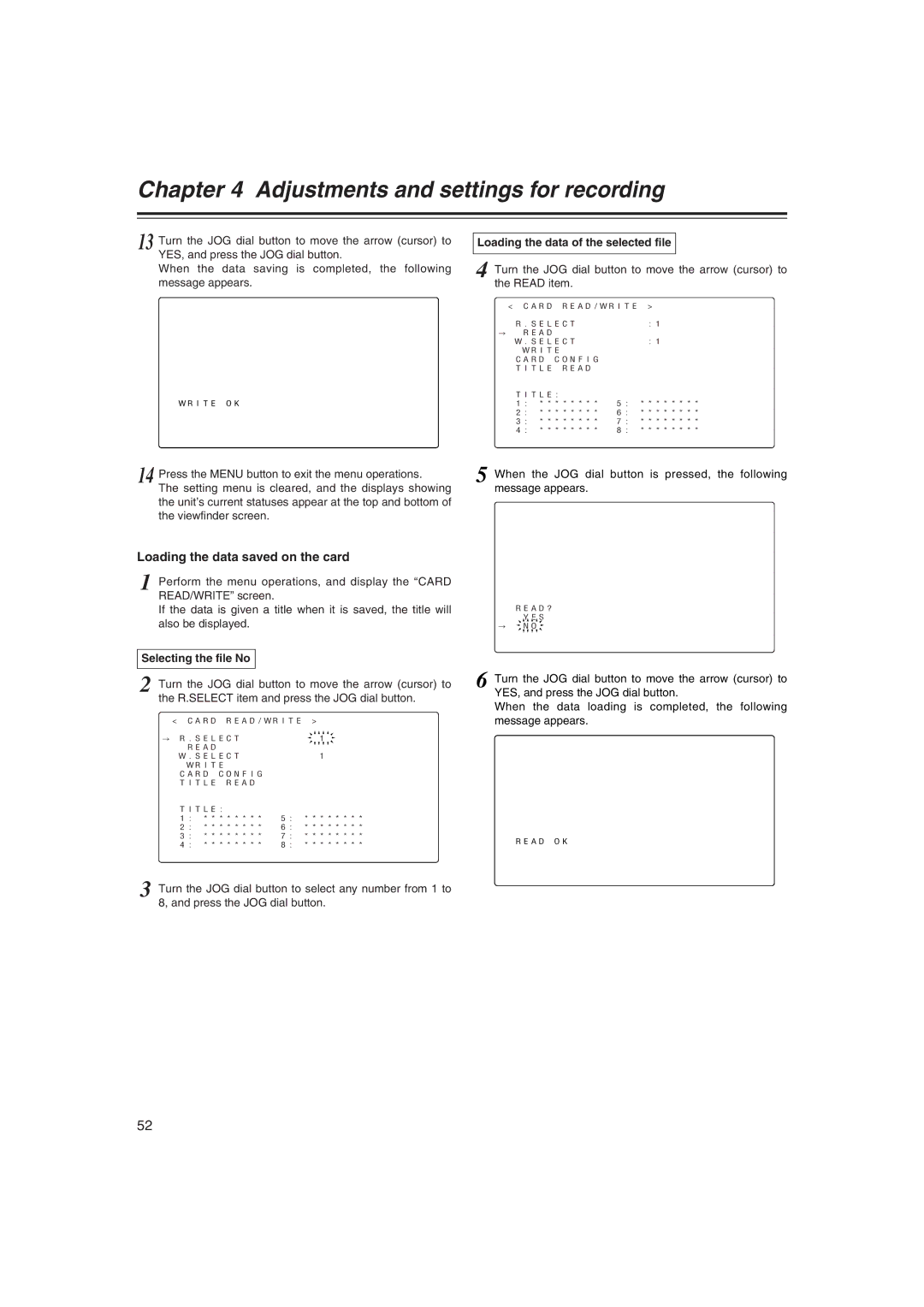 Panasonic AJ-HDX400E operating instructions Loading the data saved on the card, Loading the data of the selected file 