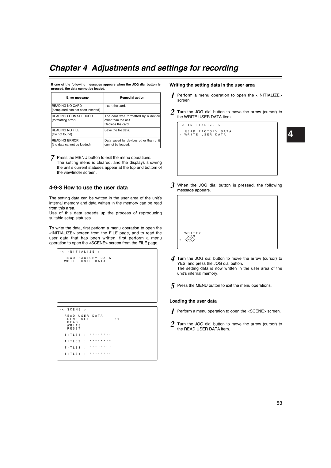 Panasonic AJ-HDX400E How to use the user data, Loading the user data, Writing the setting data in the user area 