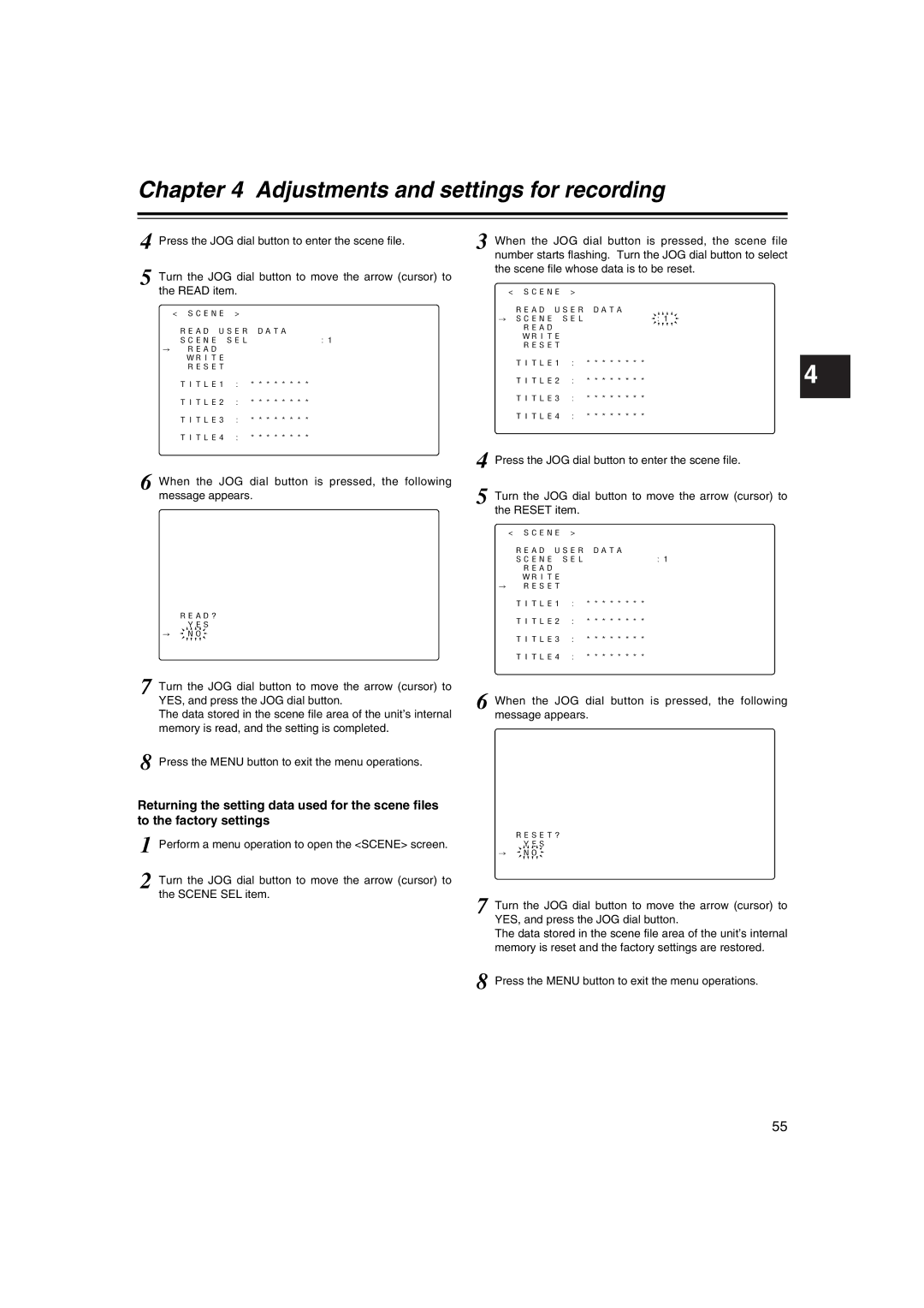 Panasonic AJ-HDX400E operating instructions Scene Read User Data # Scene SEL Write Reset # Read 