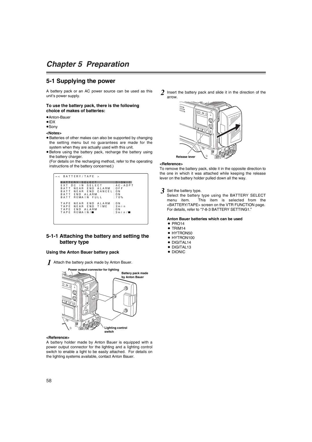 Panasonic AJ-HDX400E Supplying the power, Attaching the battery and setting the battery type, Reference 