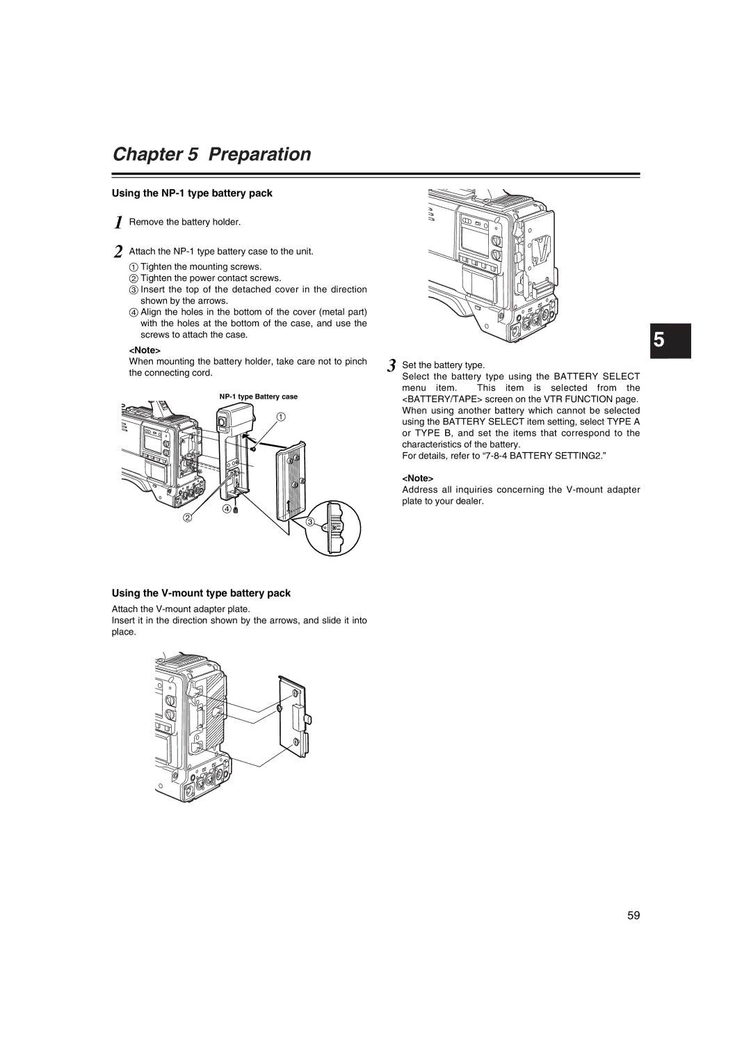 Panasonic AJ-HDX400E Using the NP-1 type battery pack, Using the V-mount type battery pack, NP-1 type Battery case 