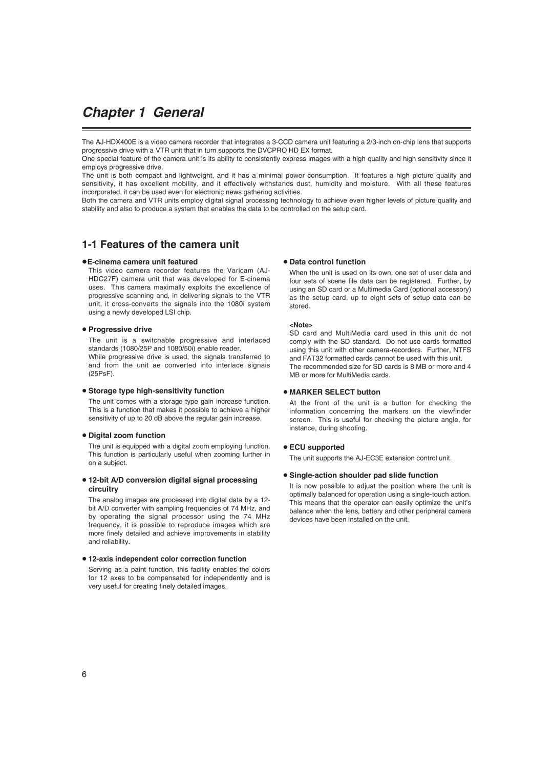 Panasonic AJ-HDX400E operating instructions Features of the camera unit 