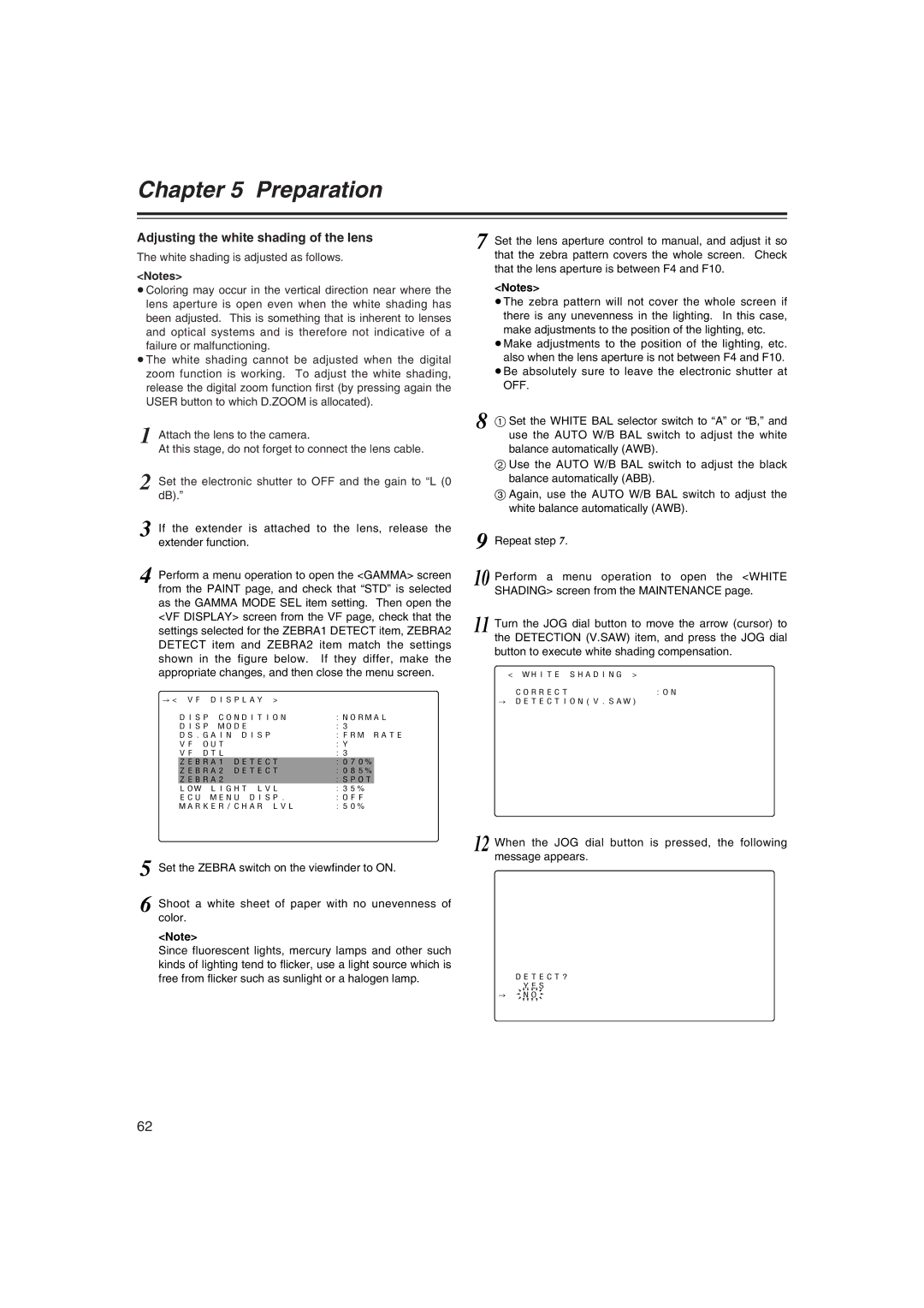 Panasonic AJ-HDX400E operating instructions Adjusting the white shading of the lens 