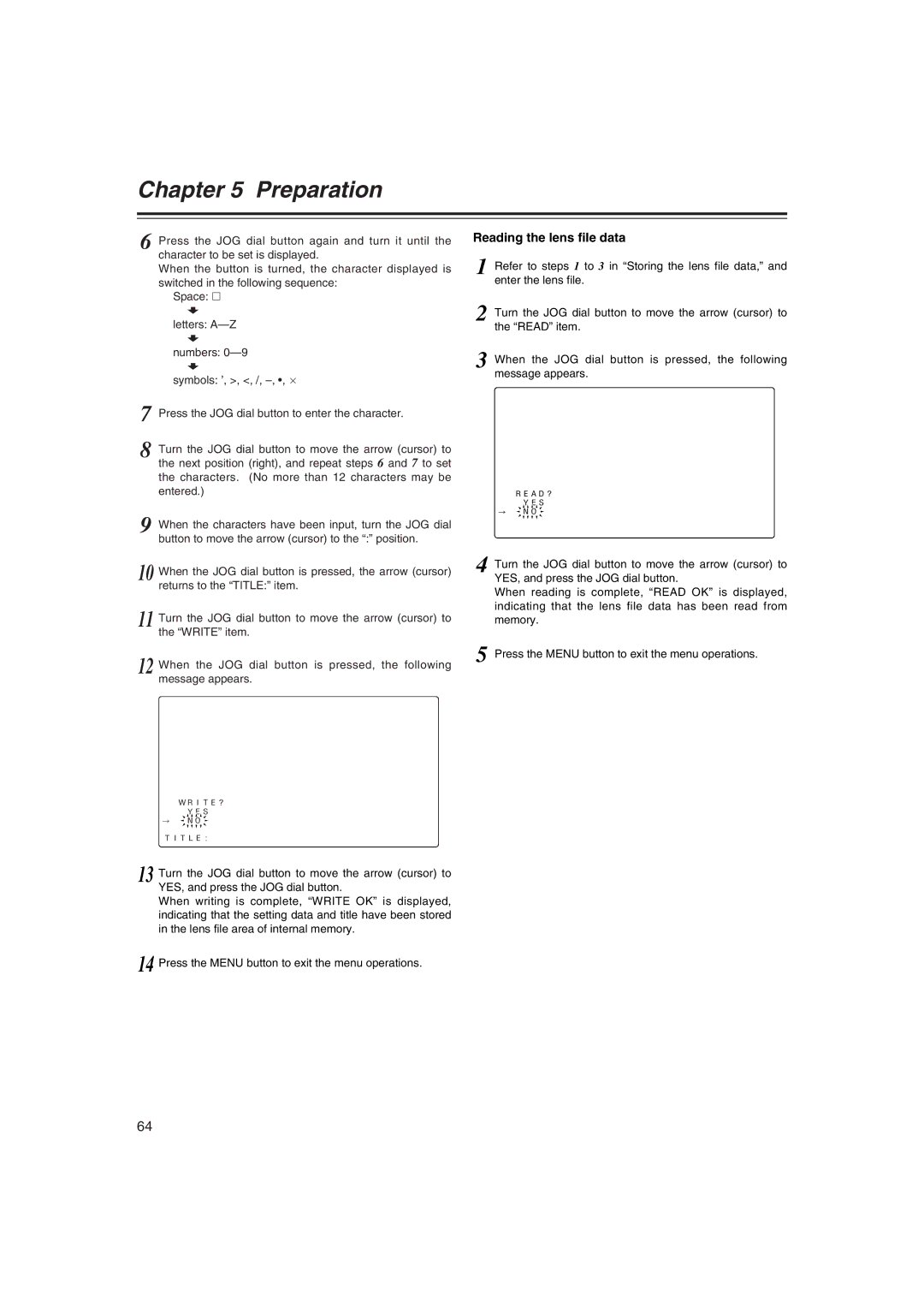 Panasonic AJ-HDX400E operating instructions Reading the lens file data 