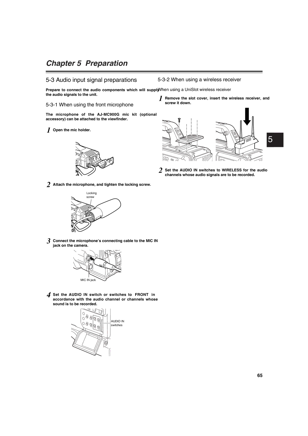 Panasonic AJ-HDX400E Audio input signal preparations, When using the front microphone, When using a wireless receiver 