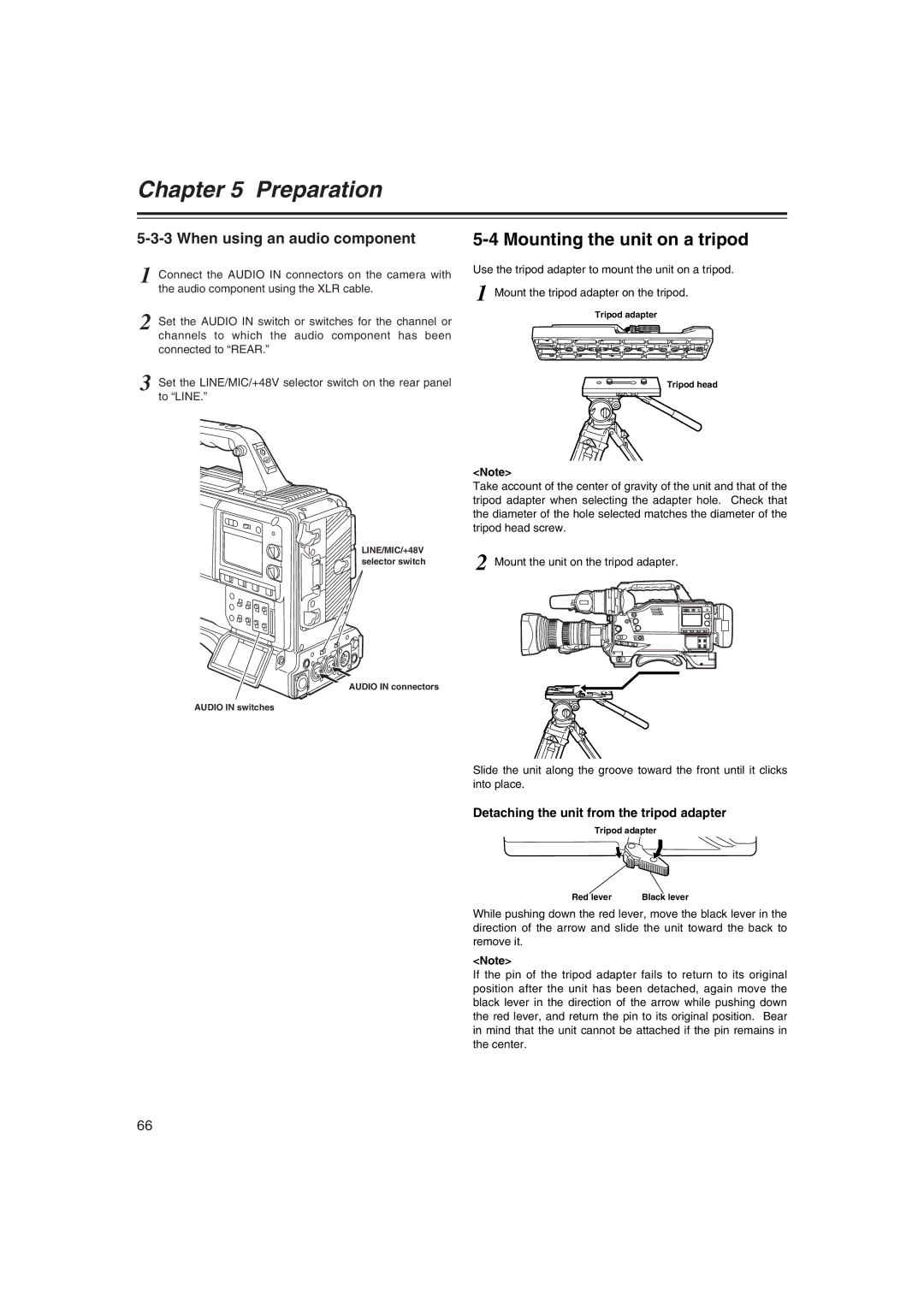 Panasonic AJ-HDX400E Mounting the unit on a tripod, When using an audio component, Tripod adapter Tripod head 