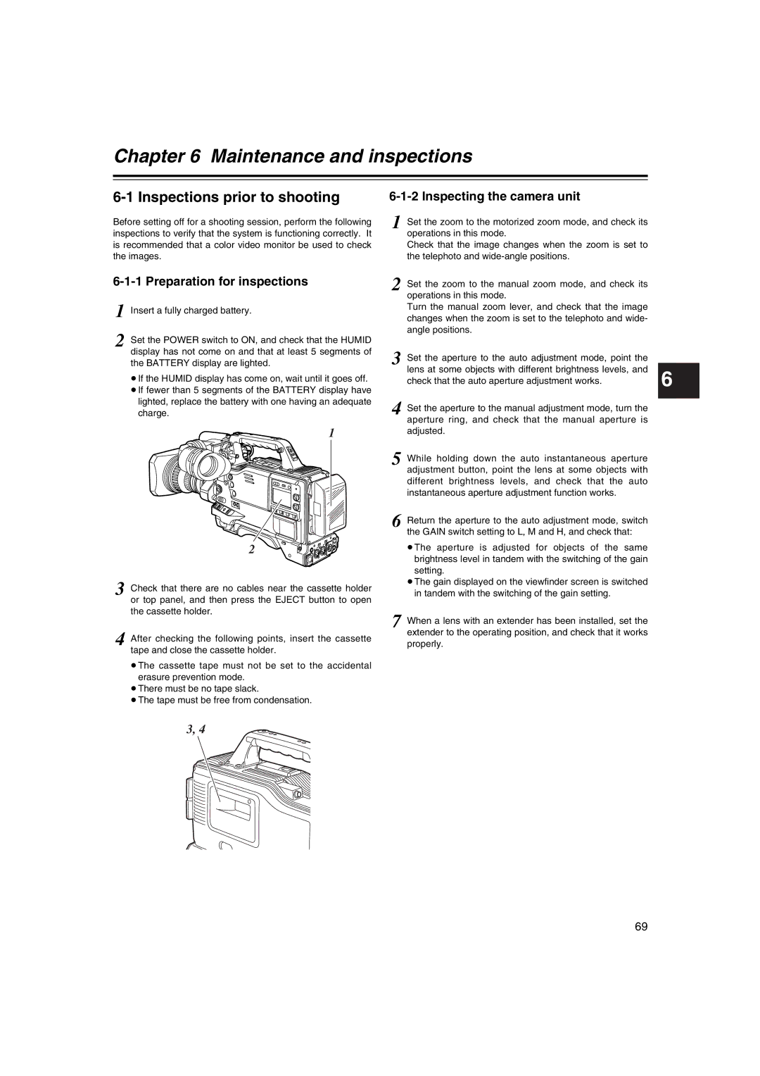 Panasonic AJ-HDX400E Inspections prior to shooting, Preparation for inspections, Inspecting the camera unit 