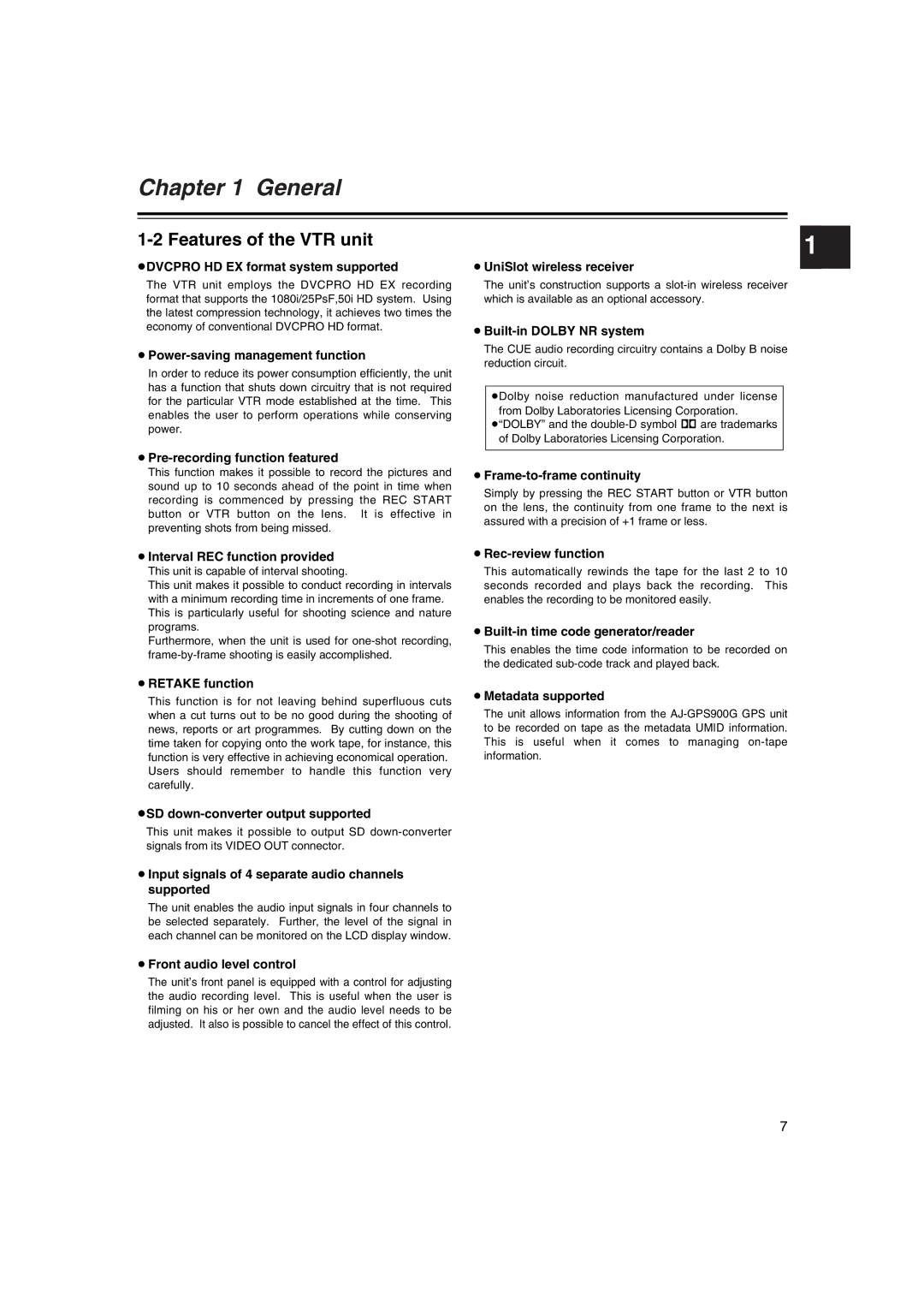 Panasonic AJ-HDX400E operating instructions Features of the VTR unit 