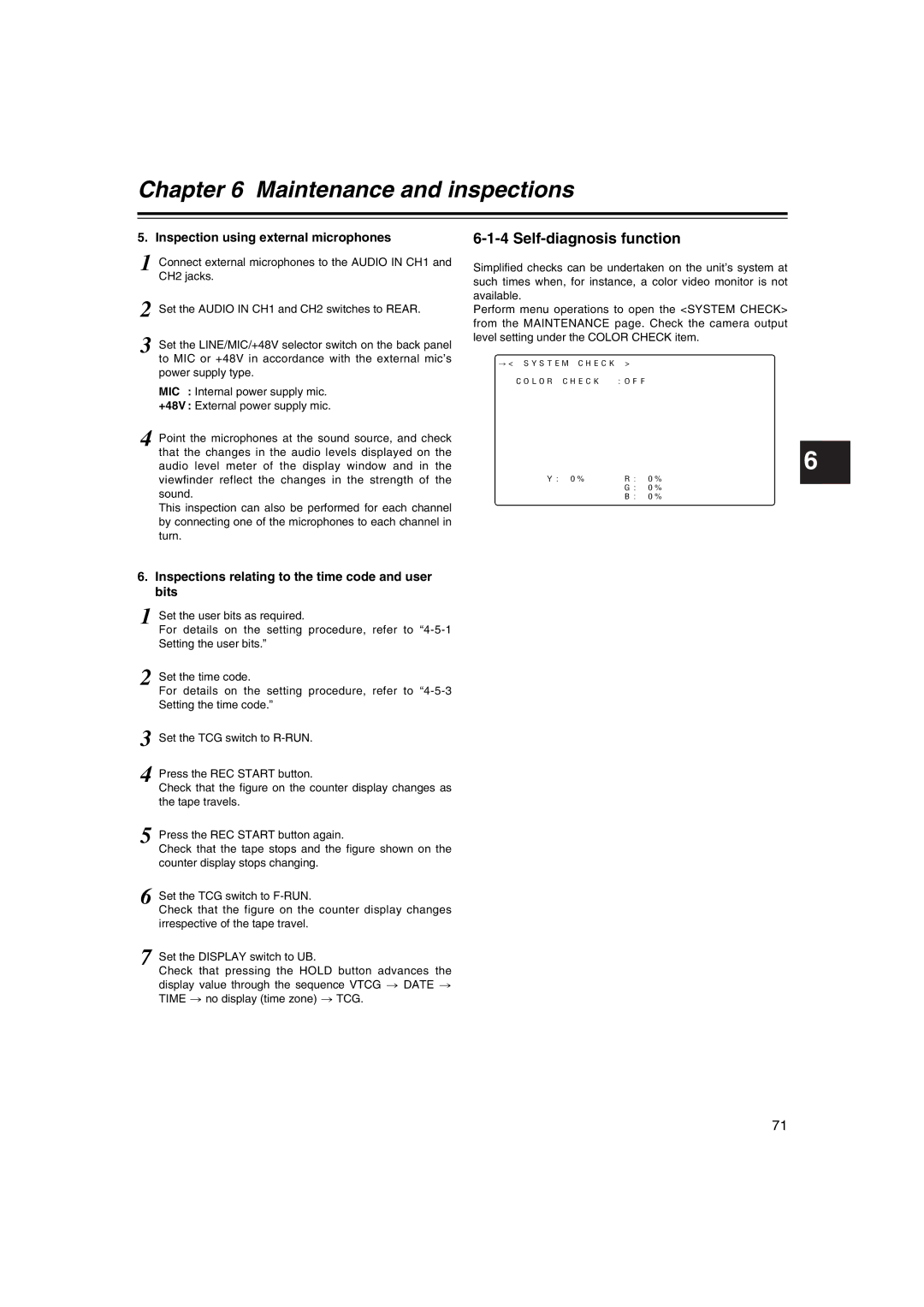 Panasonic AJ-HDX400E operating instructions Self-diagnosis function, Inspection using external microphones 