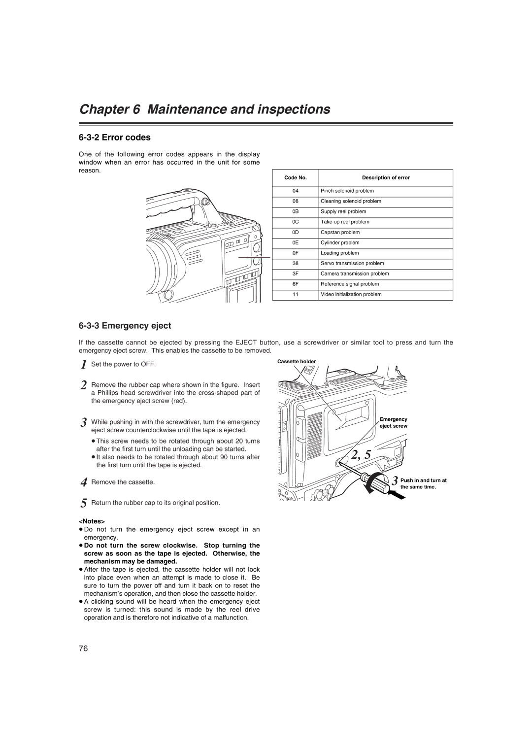 Panasonic AJ-HDX400E operating instructions Error codes, Emergency eject, Remove the cassette 