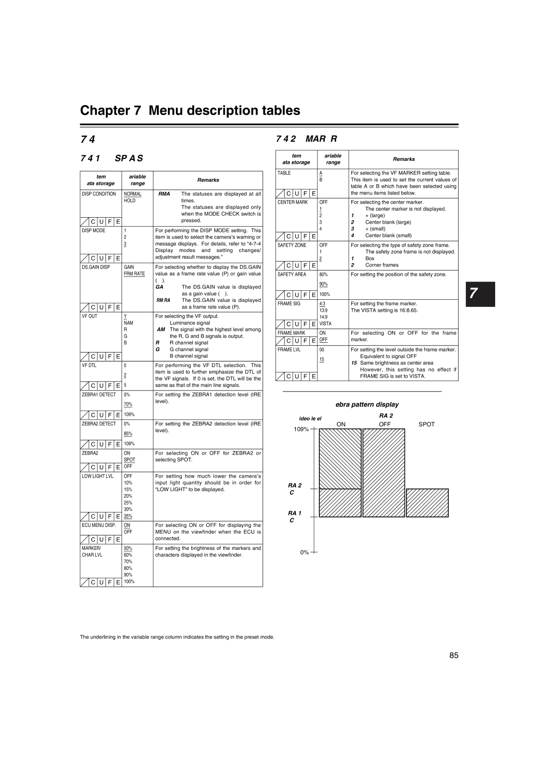 Panasonic AJ-HDX400E operating instructions VF Displays, VF Marker, Zebra pattern display, Hold, Video level 