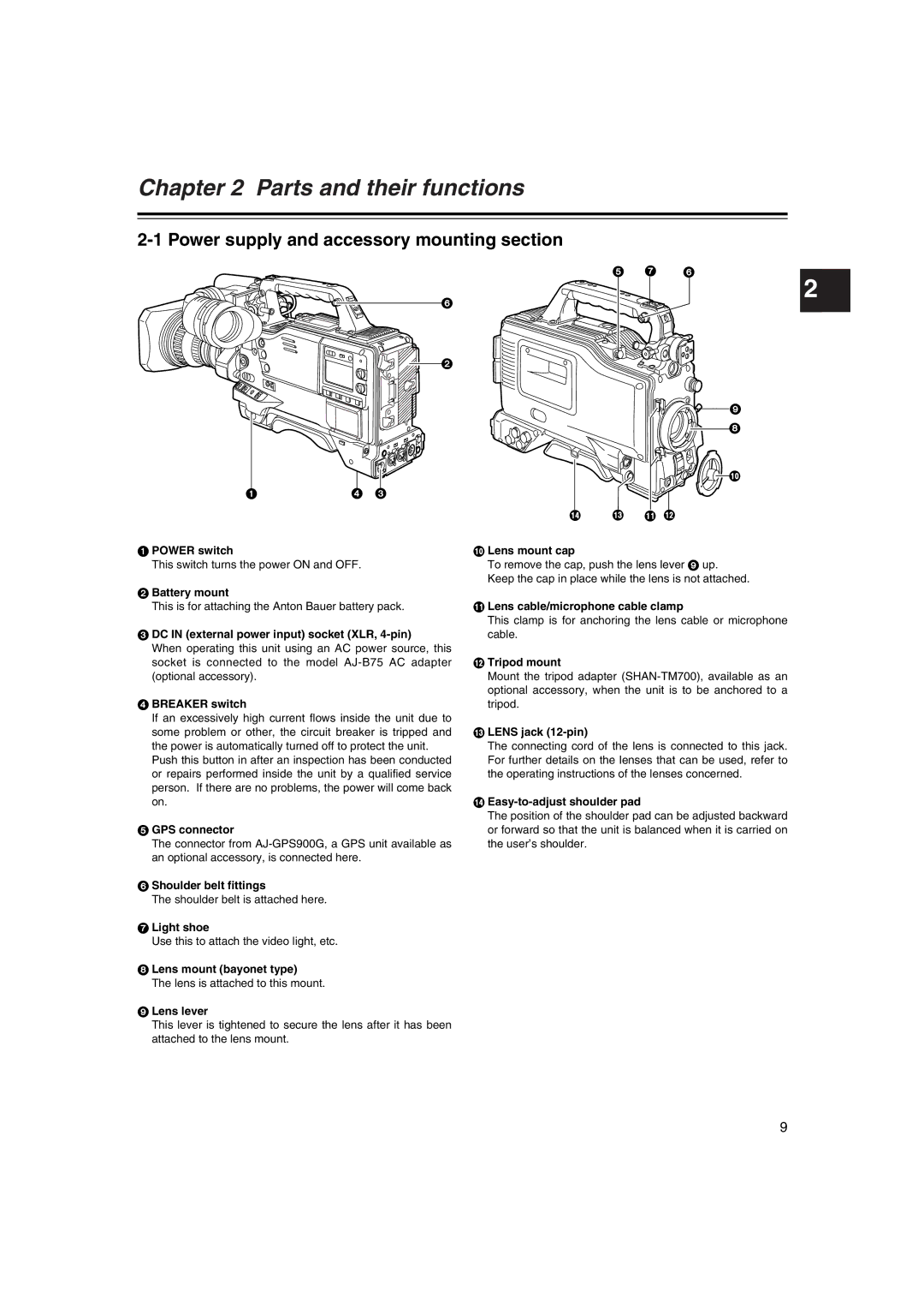 Panasonic AJ-HDX400E operating instructions Power supply and accessory mounting section 