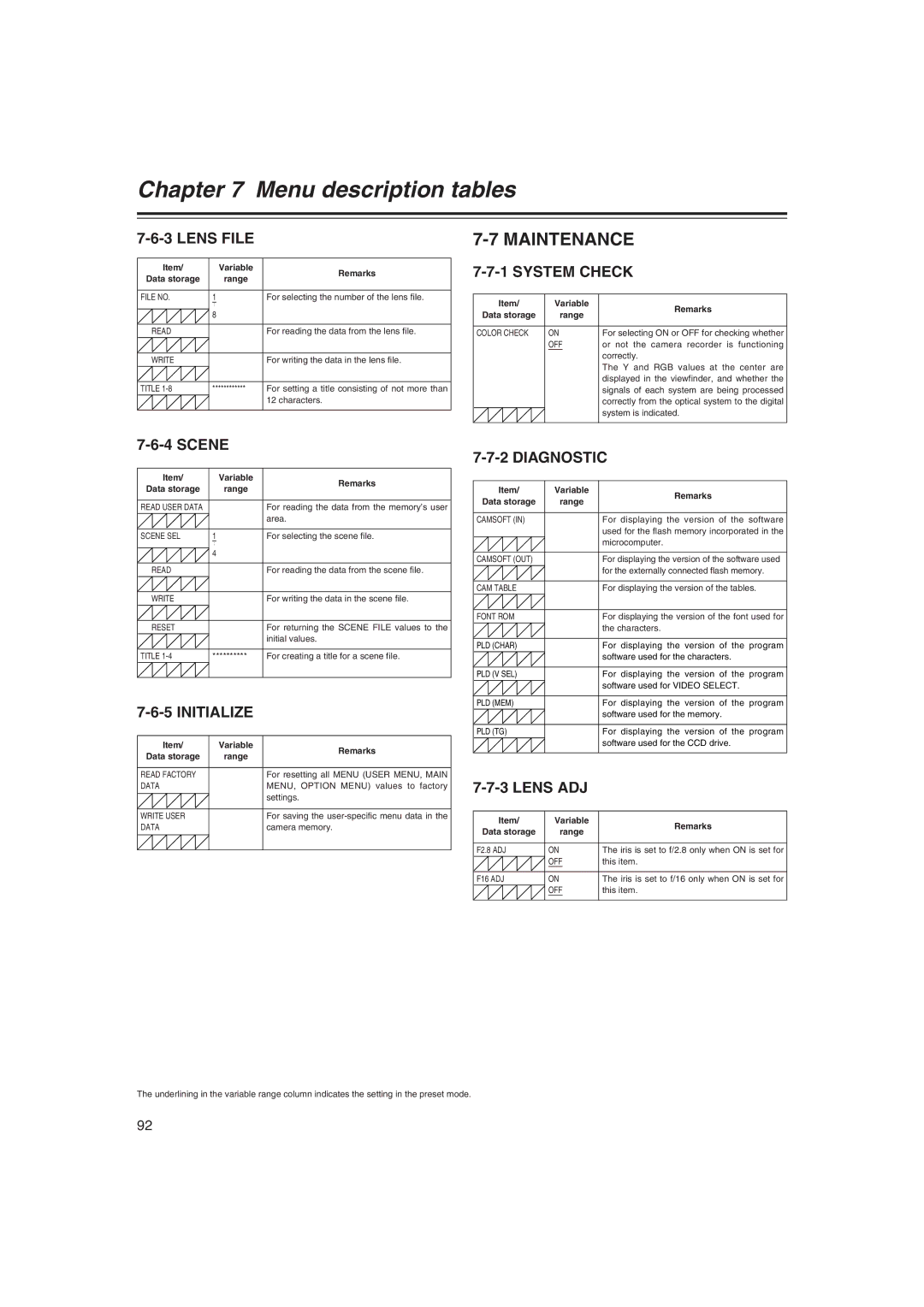 Panasonic AJ-HDX400E operating instructions Lens File, System Check, Initialize, Diagnostic 