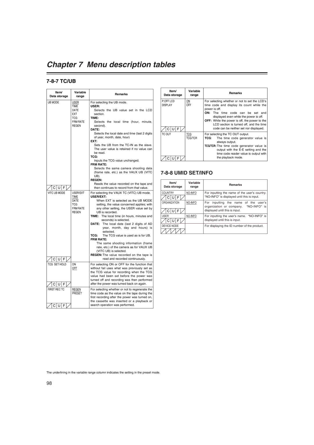 Panasonic AJ-HDX400E operating instructions 7 TC/UB, Umid SET/INFO 